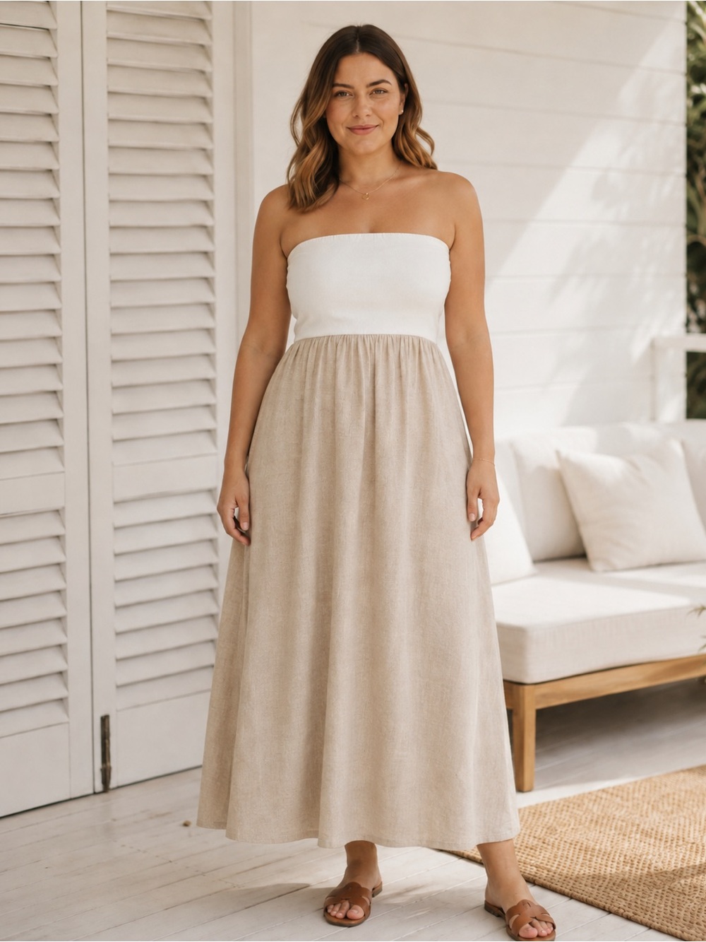 NWT The Drop Hellen Strapless Linen Midi Dress White Natural Large